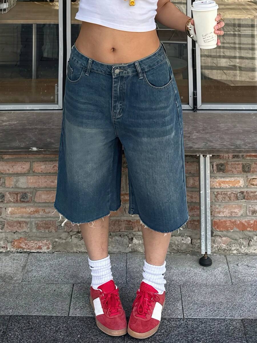 Y2K Streetwear High Waist Distressed Wide Leg Denim Shorts, Knee Length Ripped Jeans Shorts, Women Summer Denim Pants Casual - Retro Blue - View 1