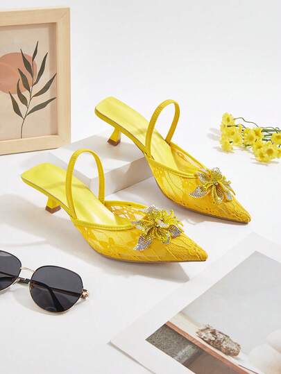 Elegant Floral Crystal Decor Mesh Hollow High Heel Shoes, Pointed Toe Backless Slingback Romantic Sexy Pumps, Suitable For Spring/Summer Occasions, Parties, Dates, Outings, And Commuting
