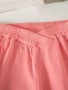 2pcs Girls Casual Striped Patchwork Collar Button Decor Short Sleeve Top And Solid Color Elastic Waist Pants Set, Summer - Pink - View 7