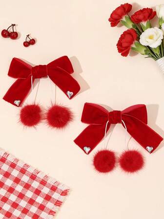 2ชิ้น โบว์ติดผมลายเชอร์รี่สำหรับเด็กผู้หญิง กิ๊บปากเป็ดติดโบว์ พู่ปอมปอมน่ารัก กิ๊บติดผมพลอยเทียมรูปหัวใจ กิ๊บติดผมวันวาเลนไทน์ กิ๊บติดผมน่ารักลายผลไม้หวานๆ เครื่องประดับผมสำหรับวัยรุ่น