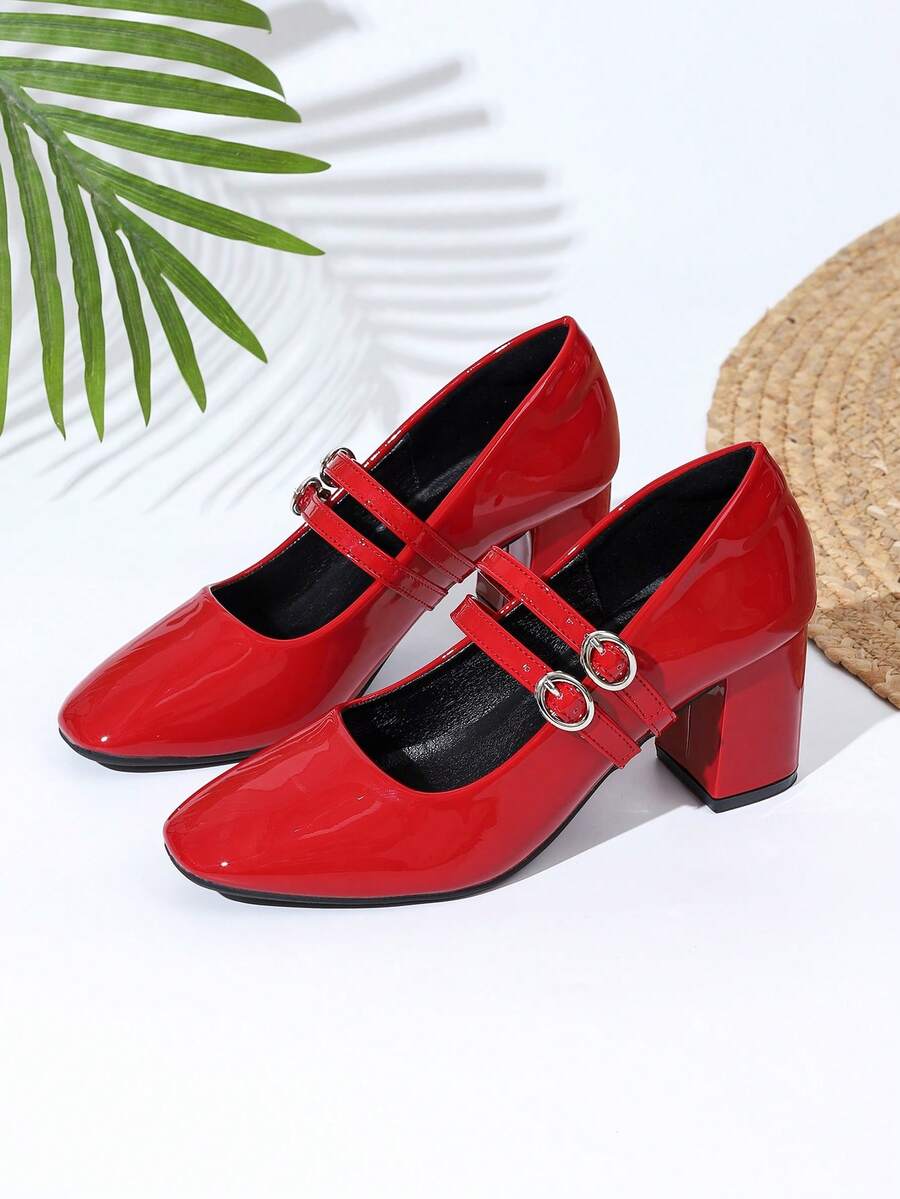 2026春夏款优雅亮面红色方头粗跟双扣漆皮玛丽珍鞋，适合情人节、毕业季、斋月、通勤、约会、购物、派对、下午茶、朋友聚会、日常穿着、校园、旅行、摄影等场合。 - 紅色 - 查看 1