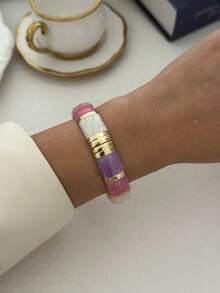 Enamel Patchwork Metal Bracelet, Luxury Purple & Pink Contrast Multi-Layer Open Cuff Bracelet For Women - Purple Powder - View 12