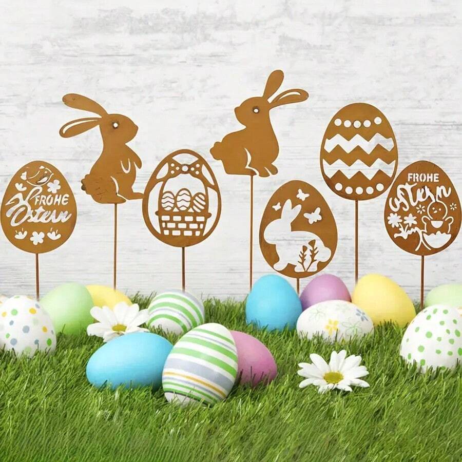 7件套复古铁艺兔子花园装饰，自然锈蚀效果，户外花盆悬挂景观插杆，复活节金属雕塑，铁质插杆，无需电源或电池，是户外、花园、阳台节日装饰的理想之选。 - 鏽棕色 - 查看 1