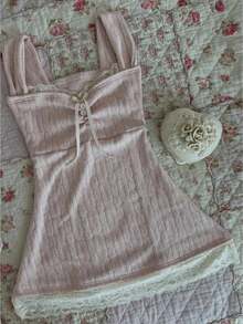 Women's Y2k Lace Trim Bow Cami Tops Cable Knit Fairy Grunge Slim Camisole Top Coquette Aesthetic Clothes - 粉色 - 查看 1