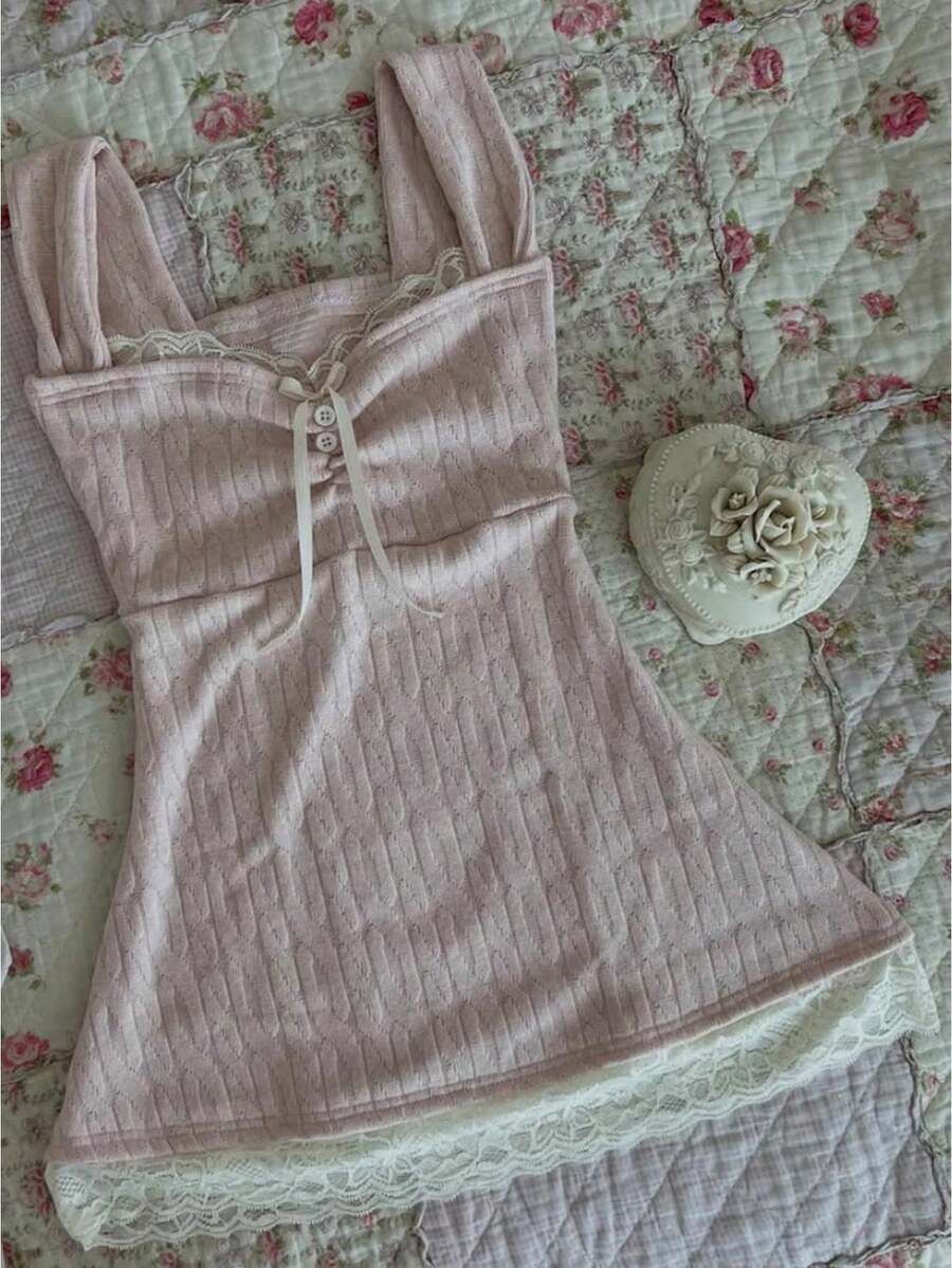 Women's Y2k Lace Trim Bow Cami Tops Cable Knit Fairy Grunge Slim Camisole Top Coquette Aesthetic Clothes - 粉色 - 查看 1