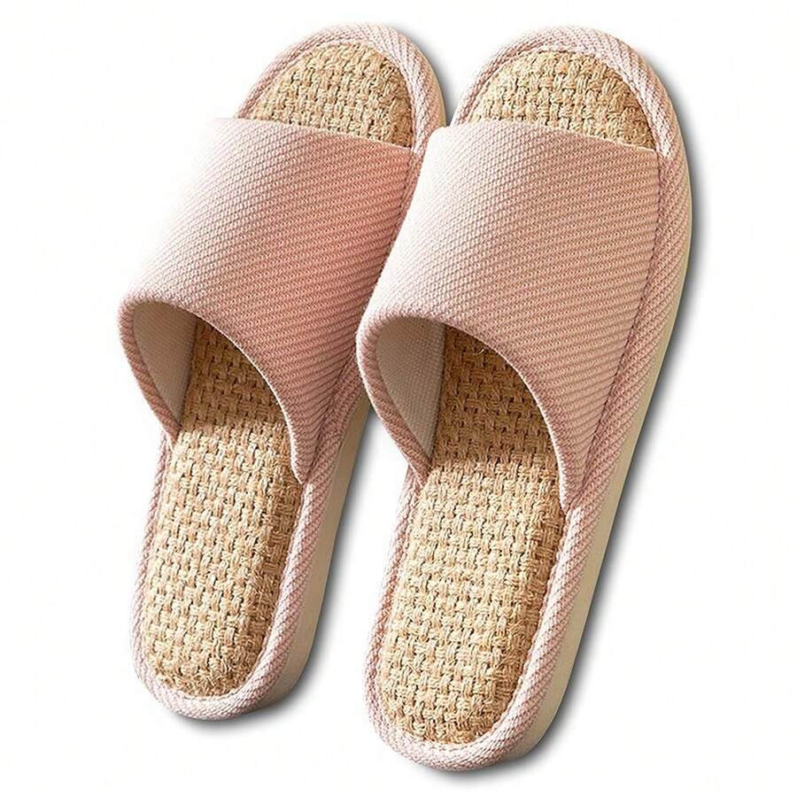 Women And Men House Fabric Slippers Indoor And Outdoor, Non-Slip Memory Foam Open-Toe Home Shoes, Soft Bottom Linen Unisex Washable Cotton Casual,7-8Women/5-6Men,Pink - 粉色 - 查看 1