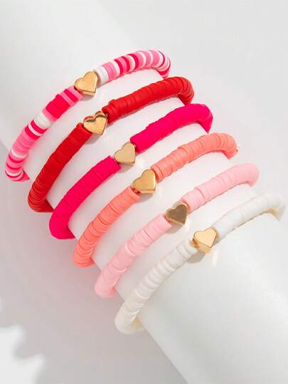 6pcs/Set Valentine's Day Cute Heart Beaded Bracelet, Soft Clay Beads Multi-Layer Design, Suitable For Dates, Bestie Gifts, Birthday Surprises, Commuting, Music Festivals