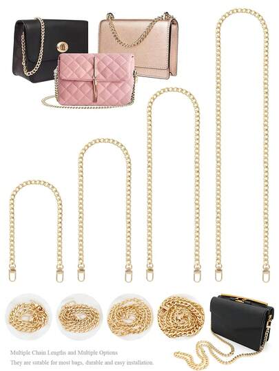 Premium guldfärgad metallväskkedja med utbytbart rem (15,7 tum, 23,6 tum, 35,4 tum, 47,2 tum) Justerbar och flera längdalternativ för väskkedja, karbinspänne för enkel installation, kompatibel med axelväskor, kuvertväskor, axelväskor och de flesta handväskor, snygg handväskkedja för väskuppgradering