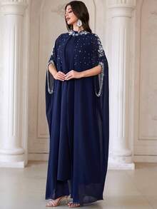 Women's Stand Collar Solid Color 2 In 1 Splicing Open Front Chiffon Dress With Embroidery, Sequins & Beading Decorations, Elegant Long Arabic Style Dress For Banquet, Daily Wear And More Occasions Spring - Royal Blue - View 4