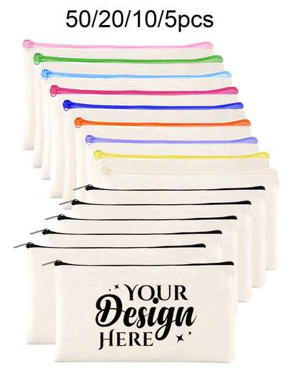 50/20/10/5pcs Set Of Blank Canvas Pencil Cases With Colorful Zippers, DIY Crafts Painting Blank Sublimation Cosmetic Bags, Toiletry Organizers, Student Stationery Pouches, School Supplies Zipper Bags, Creative Gift Bags For Birthday, Holiday, Mother's Day, Valentine's Day, Eid, Lightweight Travel Organizers, Personal Item Storage Pouches