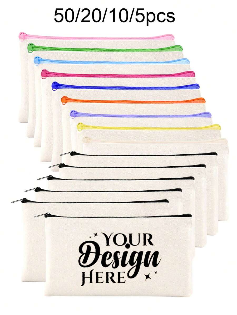 50/20/10/5件套空白帆布铅笔盒，配彩色拉链，DIY工艺绘画空白升华化妆包，洗漱用品收纳袋，学生文具袋，学校用品拉链袋，创意礼品袋，适合生日、节日、母亲节、情人节、开斋节等场合，轻便旅行收纳袋，个人物品收纳袋 - 米色 - 查看 1