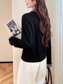 Alicedudu Women's Spring Woven Plaid Cute Girl Patchwork Design Knit Cardigan Sweater - Black - View 2