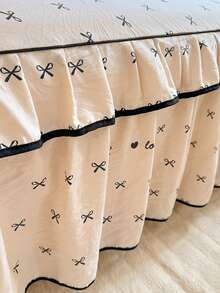 Bohemian Style Floral Print Double Ruffle Bed Skirt 3-Piece Set (1 Bed Skirt + 2 Pillowcases), Elegant Fresh Pastoral Style, Suitable For Double/Single Bed, Bedroom Bedding, All Season - Beige - View 9