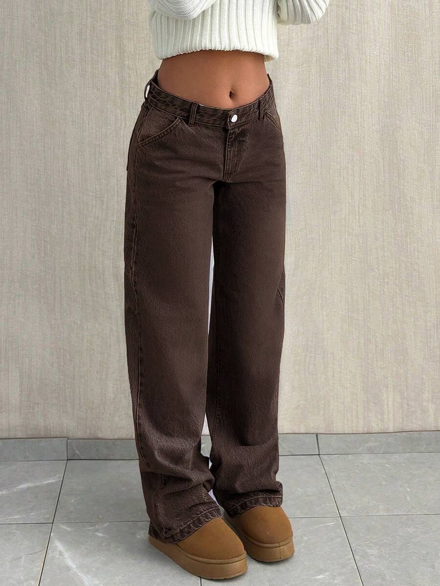 NVFelix Quần jeans ống đứng dáng rộng mới năm 2026 dành cho nữ, thiết kế mài bạc kiểu cổ điển, thanh lịch và thời trang, phong cách đường phố Y2K, chất liệu không co giãn, phù hợp cho trang phục thường ngày mùa xuân/hè, màu nâu. - màu nâu - Xem 1