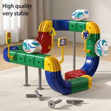 适合3岁以上儿童的3D模块化电动火车套装，灵活的轨道搭建玩具，可360°旋转，STEM学习礼物 - 彩色 - 查看 3