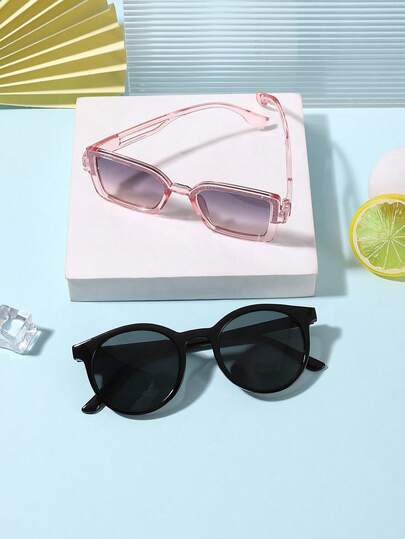 1 set de 2 piezas de gafas de marco cuadrado y redondo de policarbonato, estilo vintage y retro, color rosa translúcido brillante, para niños y niñas de 9 a 12 años, para actividades al aire regalos de festivales, con estuche