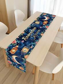 1pc Elegant Blue & Golden Eid Mubarak Table Runner | Moon Lanterns Flowers Design, Polyester Rectangle Table Cover, Islamic Muslim Party Table Decor, Perfect For Ramadan Kareem & Eid Al Adha Celebrations-13x35.4/47.2/63/72/78.7 Inch - Blue - View 2