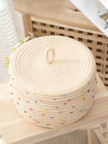 1pc/2pcs Dotted Rope Woven Storage Basket With Lid For Desk And Living Space - Versatile Desktop Organizer Box For Keys, Small Parts, Jewelry, Office Supplies, Craft Accessories; Elegant Home Decor, Boho Charm, Rustic Charm Storage Solution, Rope Weave, Lightweight Yet Sturdy, Keeps Clutter Out Of Sight, Ideal Gift For Home Organization, Entryway, Kitchen Countertop, Closet, Living Room, Study, Dorm Room, Modern Cozy Styling