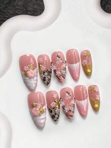 10pcs Romantic Pink Nail Stickers Set, Acrylic Nail Art Kit, Pink 5-Petal Flowers, Gold Starfish, Shells, Fish, White Mixed 5-Petal 3D Floral Nail Decorations, Brown Leopard Print, Pink Waterwave Nail Art Decals, Ombre Pink, Includes Nail Tools (1 Jelly Sticker + 1 Nail File) Nails Nail Supplies - 彩色 - 查看 13