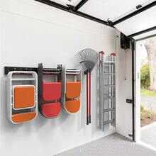 Wallmaster Estante organizador de herramientas de cochera para montaje en pared perchas plegables resistentes con 8 ganchos ajustables pistas de 48 pulgadas carga máxima de 300 libras 99S015R - NegroNaranja - Ver 2