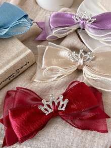 1PC Red Princess Hairpin Three-Dimensional Diamond Crown Fabric Mesh Bow Hairpin Girl's Hair Accessories Bangs Clip Daily Versatile Headwear (Paper Card Is For Display Only)