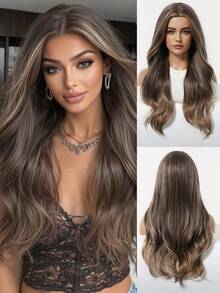 24-Inch Brown Middle Part Long Curly Golden Synthetic Heat-Resistant Fiber Wig, Women Wig, Suitable For Holidays, Parties And Daily Wear - Brown - View 2