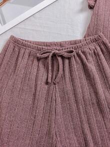 Bộ đồ mặc nhà 3 món dành cho nữ - Áo thun tay ngắn dệt kim gân, quần short và quần dài có dây rút, trang phục nhẹ nhàng thời trang xuân/hè - Đỏ - Xem 5