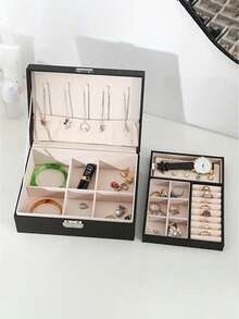 新款大容量可上锁首饰盒，双层大容量首饰收纳盒，奢华PU皮革首饰整理盒，桌面抽屉式收纳盒，可收纳项链、耳环、戒指、手表、配饰，亦可作家居装饰、梳妆托盘，节日礼物、女士礼物、圣诞礼物 - 彩色 - 查看 8