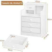 FL Mesita de Noche,Mesa Auxiliar con Estante de Almacenamiento y Estación de Carga,Buros para Recamara con 3 Cajones,Moderna Mueble para Recamara para Dormitorio Sala de Estar Blanco - GRIS - Ver 2