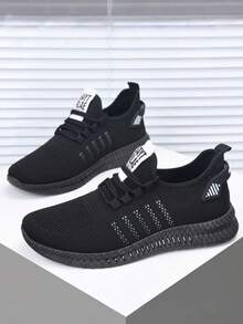 男士休闲运动鞋，系带舒适一脚蹬防滑软底户外跑步鞋，四季时尚日常休闲鞋 - 黑與白 - 查看 3