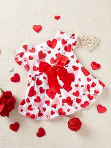 PETSIN 情人節1件粉色愛心和紅色蝴蝶結設計的可愛寵物短袖印花連衣裙（適用於貓狗） - 彩色 - 查看 3