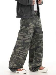 1件装 Justice Brother 街头迷彩多口袋宽松阔腿牛仔裤，男士休闲街头服饰 - 軍綠色 - 查看 8