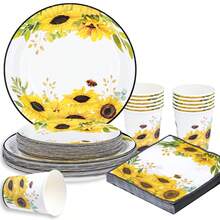 7/9英寸向日葵边一次性餐盘套装，派对餐盘，一次性纸盘，杯子，餐巾纸，适用于婚礼、订婚、生日、婚宴餐具 - 彩色 - 查看 3