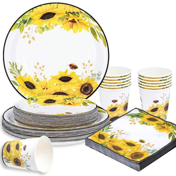 7/9 Inch Sunflower Rimmed Disposable Plate Set, Party Plates, Disposable Paper Plates, Cups, Napkins, Suitable For Wedding, Engagement, Birthday, Wedding Party Tableware