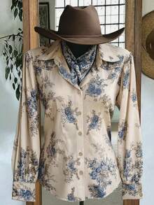 4-Season Floral Print Western Long Sleeve Shirt, Inspired By Blue & White Porcelain Flower Pattern, Button Front Collared Relaxed Fit Spring Vacation - Blue and White - View 7