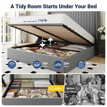Allewie Full/Queen/King Size Sturdy Lift Up Storage Bed Frame – Built-In Hydraulic Lift Support System, Elegant Upholstered Platform Bed With Spacious Underbed Storage, Vertical Channel Tufted Wingback Headboard, No Box Spring Needed, Easy Assembly, Grey - Xám - Xem 2