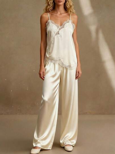 Elegant Women's V-Neck Camisole, Featuring Delicate Contrast Lace Details, Regular Fit, Woven Fabric, Designed For Women