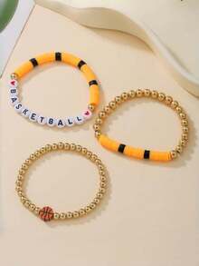 Set de 3 piezas Pulsera con dijes de pelotas deportivas, pulsera minimalista con cuentas de letra de fútbol, baloncesto, béisbol - Joyería de lujo para mujer, adecuada para uso diario y de fiesta - Multicolor - Ver 11
