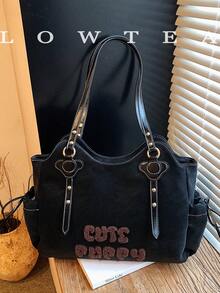 low tea 1 chiếc túi đeo vai bằng da PU màu trơn, kiểu dáng retro dành cho nữ, có quai xách đôi phía trên, khóa kéo, thích hợp cho du lịch, mua sắm, hẹn hò, làm quà tặng cho nữ, tuyệt vời cho đi làm, hoạt động ngoài trời, du lịch, leo núi. - màu đen - Xem 2