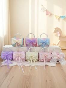1pc Girls' Bowknot Magnetic Closure Fashion Pearl Handbag Shoulder Bag, Suitable For Daily Use All Seasons - A - View 2