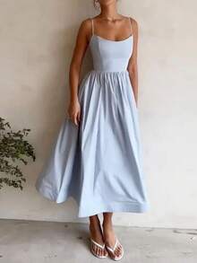 Women's Elegant Sleeveless A-Line Slip Dress, Resort Wear, Sexy Solid Color Long Formal Casual Dress With Low Neckline - 淺色水洗藍 - 查看 1