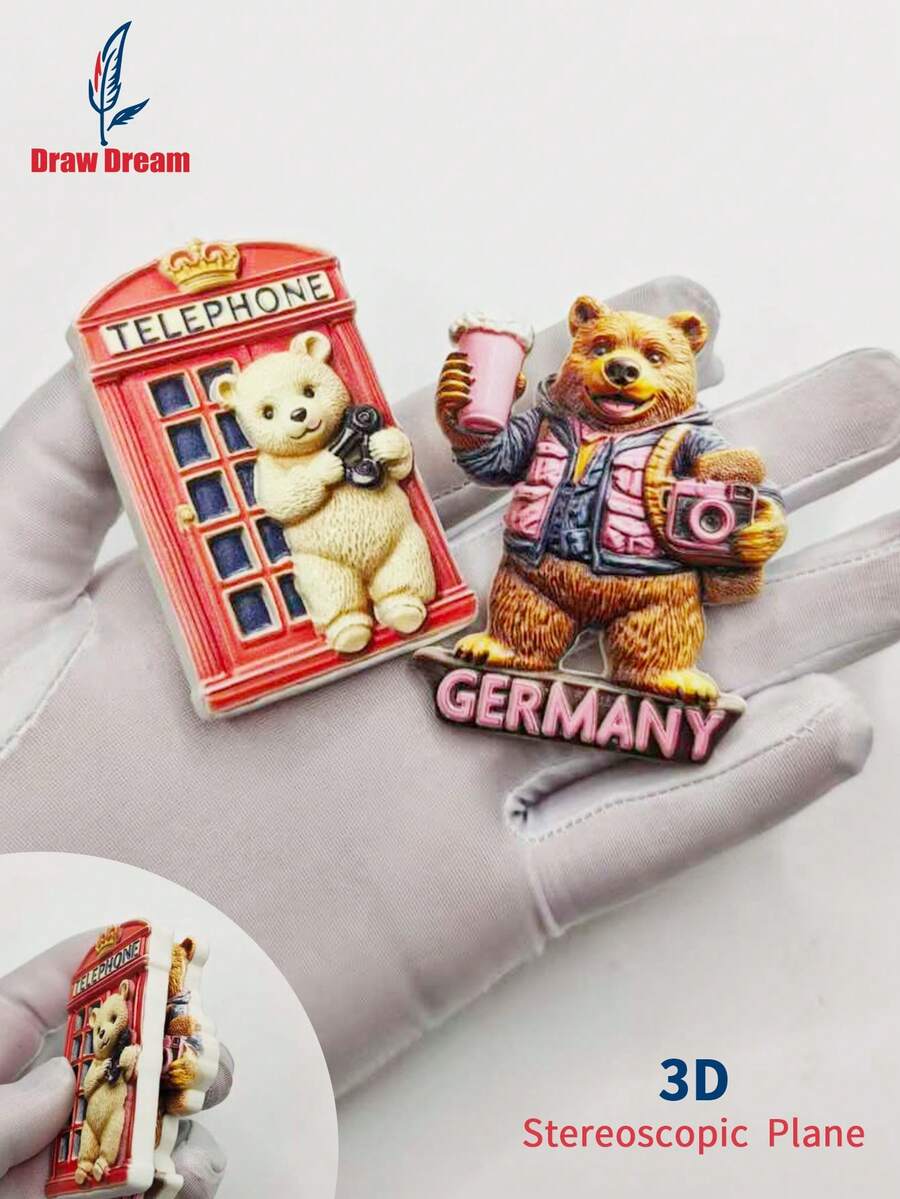 1 pezzo Magnete da frigo 3D con paesaggio mondiale, Orsetto della Germania Diario di viaggio + Cabina telefonica del Regno Unito Orsetto, Collezione souvenir di viaggio mondiale, Magnete decorativo da viaggio, Adatto per casa, ufficio, Souvenir di viaggio personalizzato Magnete da frigo, Decorazione per casa, cucina, stanza, ufficio, armadietto, regalo artigianale, souvenir per vacanze, piccolo regalo raffinato