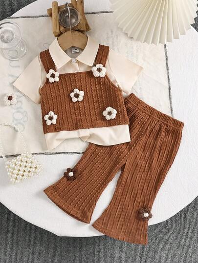 3件套女婴优雅短袖纯色衬衫+碎花吊带背心+喇叭裤套装，舒适休闲夏季装扮