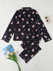 熊印花女士长袖睡衣套装 - 黑色 - 查看 7