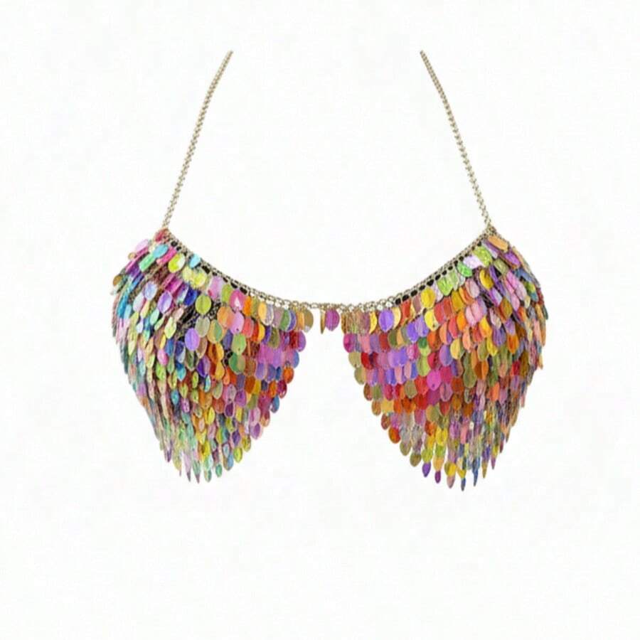 Women's Top With Angel Feather Wings, PVC (Polyvinyl Chloride), Backless, Knot Chain, Carnival, New Year's Eve, Sequins, Beach, Vacation, Summer - 彩虹 - 查看 1