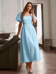 Simplee 女士夏季新款重工蕾丝灯笼袖鸡尾酒会礼服，适合婚礼宾客、老钱风格、7月4日独立日、生日等场合。 - 藍色 - 查看 3