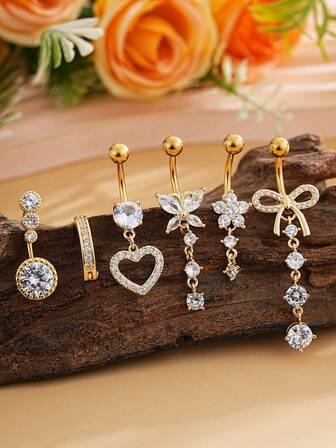 Set de 6 anillos de ombligo con forma de mariposa y corazón de acero inoxidable, chapados en oro de 18K con piedras de circonita brillantes, colgante sexy para uso diario