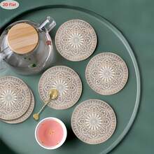 6/12pcs Bohemian Style Wooden Coasters, 3.94 Inch X 3.94 Inch Size Fits Most Cups, 3/5mm Thick, Can Be Used As Coffee Mats; Suitable For Bars, Kitchens, Weddings, Home Gatherings, Cafes, Offices And Other Scenarios, Home Decor, Housewarming Gift, Practical Function And Exquisite Appearance, Kitchen Accessories, Mother's Day Gift, Spring Gift - Apricot - View 4