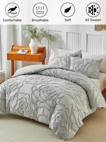 2/3pcs Grey Rose Tufted Jacquard Polyester Duvet Cover Set, Modern Luxury Bedding Set Suitable For All Seasons, Soft & Breathable, Machine Washable, Available In Large & Extra Large Sizes, With Zipper Closure (1 Duvet Cover + 1/2 Pillowcases, Excludes Filling) - Light Grey - View 2