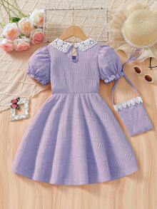 Young Girl' Fashion Casual Ruffle Collar Puff Sleeve Dress + Matching Simple Versatile Bag Set - Mauve Purple - View 3